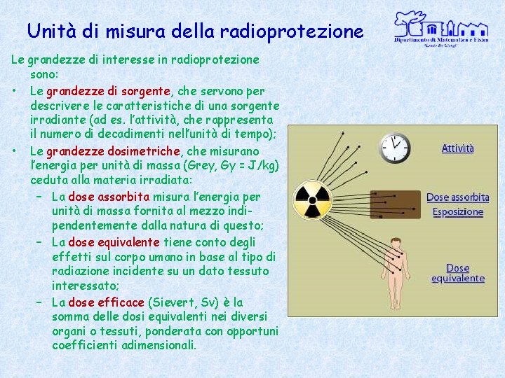 Unità di misura della radioprotezione Le grandezze di interesse in radioprotezione sono: • Le