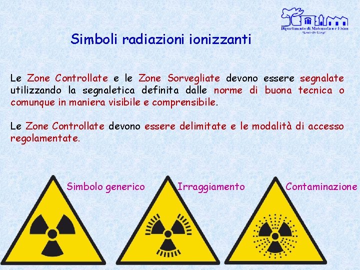 Simboli radiazionizzanti Le Zone Controllate e le Zone Sorvegliate devono essere segnalate utilizzando la