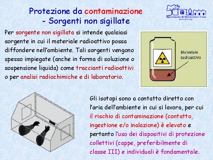 Protezione da contaminazione - Sorgenti non sigillate Per sorgente non sigillata si intende qualsiasi