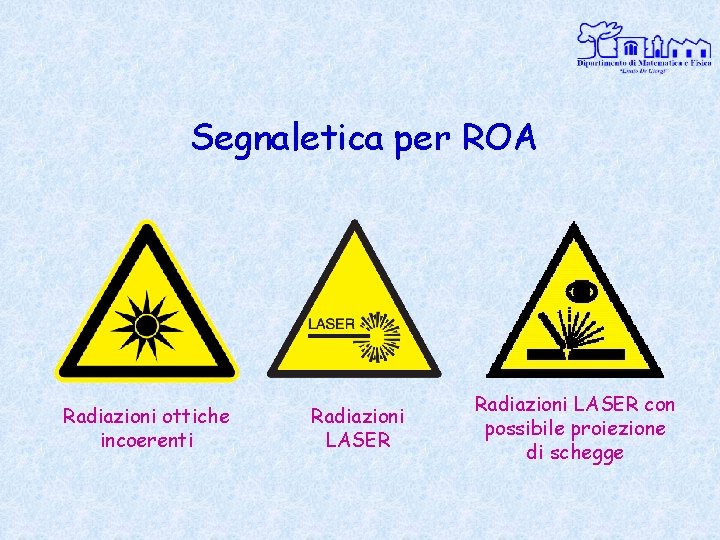 Segnaletica per ROA Radiazioni ottiche incoerenti Radiazioni LASER con possibile proiezione di schegge 