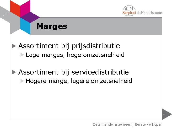 Marges Assortiment bij prijsdistributie Lage marges, hoge omzetsnelheid Assortiment bij servicedistributie Hogere marge, lagere