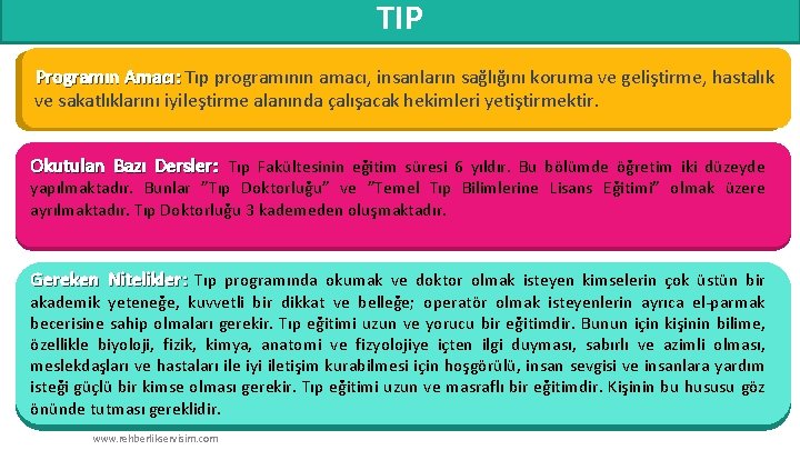 TIP Programın Amacı: Tıp programının amacı, insanların sağlığını koruma ve geliştirme, hastalık Amacı: ve