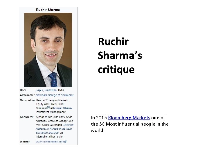 Ruchir Sharma’s critique In 2015 Bloomberg Markets one of the 50 Most Influential people