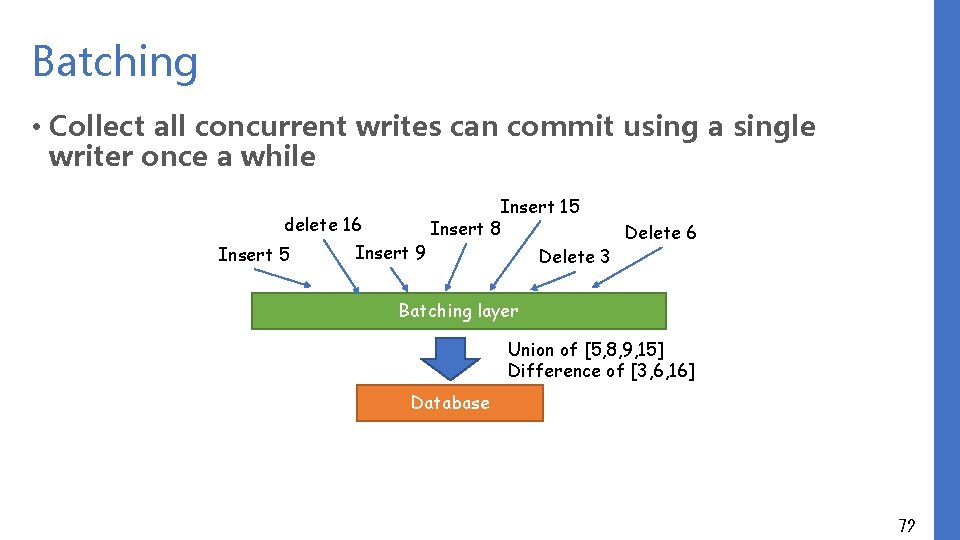 Batching • Collect all concurrent writes can commit using a single writer once a