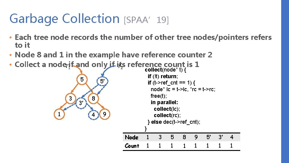 Garbage Collection [SPAA’ 19] • Each tree node records the number of other tree