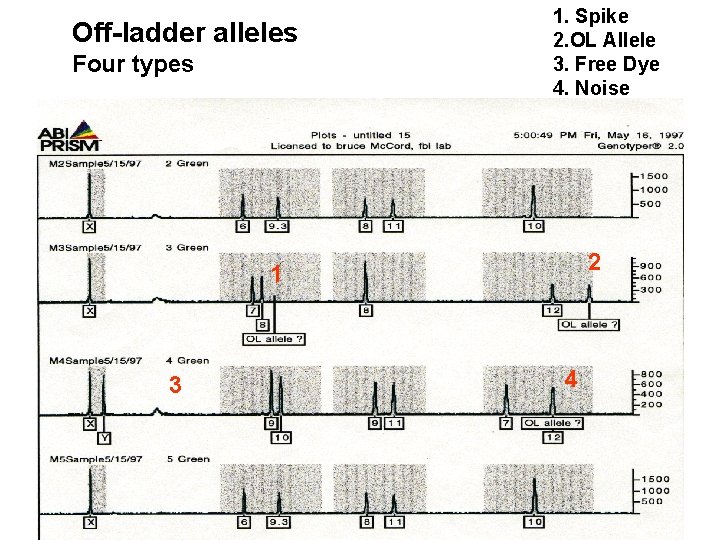 Off-ladder alleles Four types 1. Spike 2. OL Allele 3. Free Dye 4. Noise