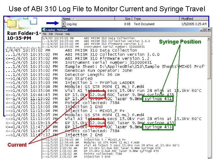 Use of ABI 310 Log File to Monitor Current and Syringe Travel Syringe Position