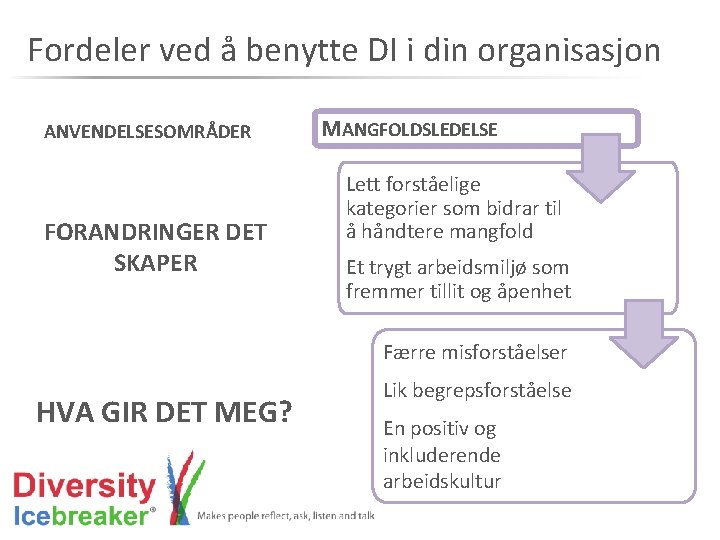 Fordeler ved å benytte DI i din organisasjon ANVENDELSESOMRÅDER FORANDRINGER DET SKAPER MANGFOLDSLEDELSE Lett