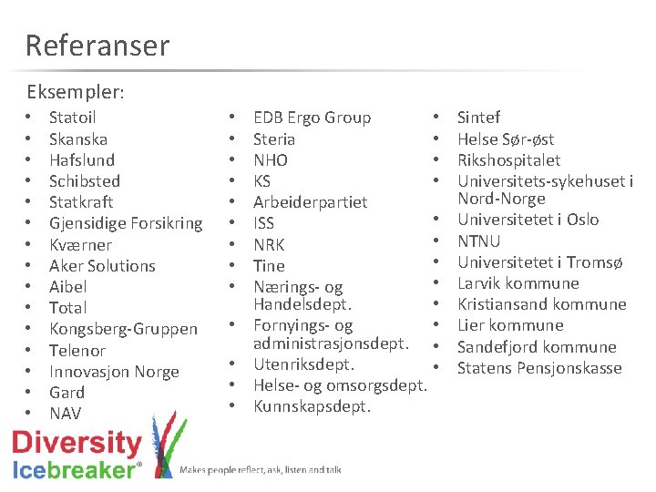 Referanser Eksempler: • • • • Statoil Skanska Hafslund Schibsted Statkraft Gjensidige Forsikring Kværner