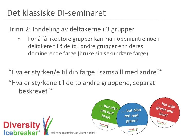 Det klassiske DI-seminaret Trinn 2: Inndeling av deltakerne i 3 grupper • For å