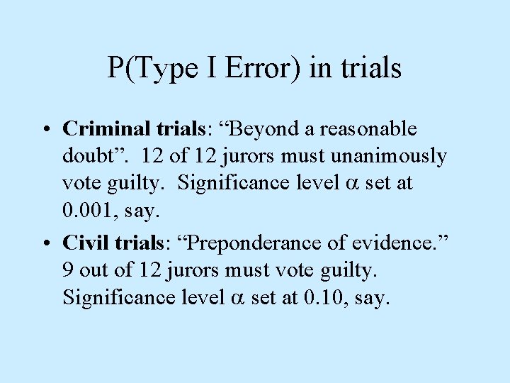 P(Type I Error) in trials • Criminal trials: “Beyond a reasonable doubt”. 12 of
