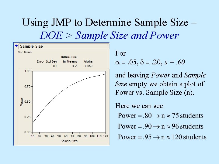 Using JMP to Determine Sample Size – DOE > Sample Size and Power For