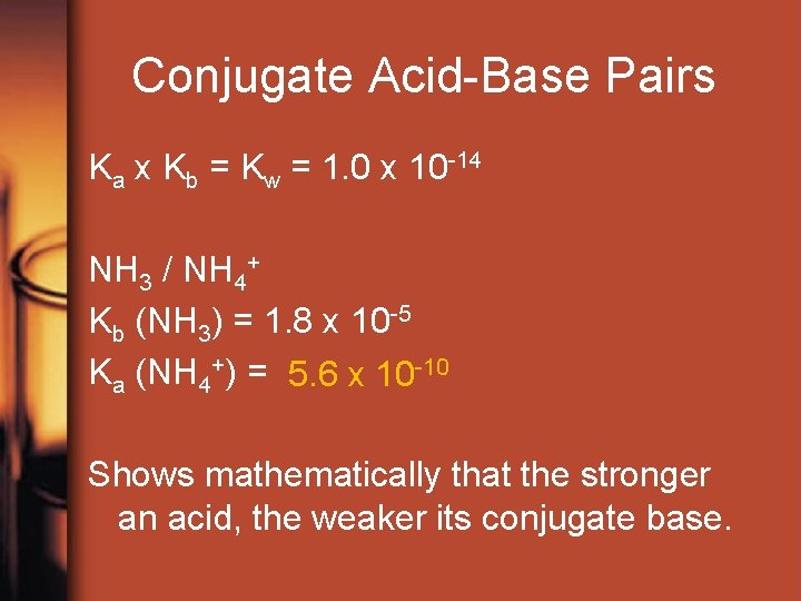 Conjugate Acid-Base Pairs Ka x Kb = Kw = 1. 0 x 10 -14