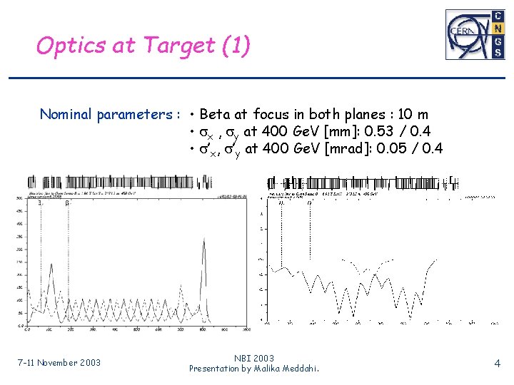 Optics at Target (1) Nominal parameters : • Beta at focus in both planes