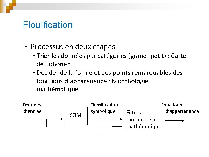 Flouïfication • Processus en deux étapes : • Trier les données par catégories (grand-