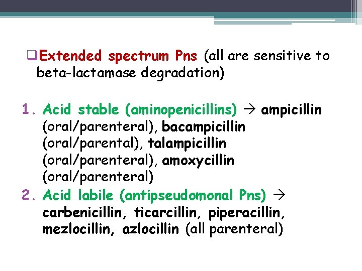 q. Extended spectrum Pns (all are sensitive to beta-lactamase degradation) 1. Acid stable (aminopenicillins)
