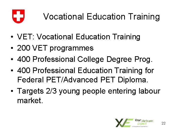 Vocational Education Training • • VET: Vocational Education Training 200 VET programmes 400 Professional