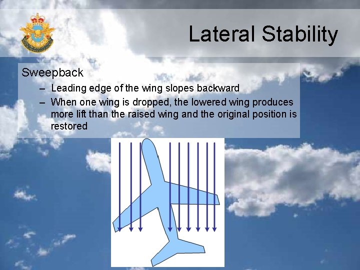 Lateral Stability Sweepback – Leading edge of the wing slopes backward – When one