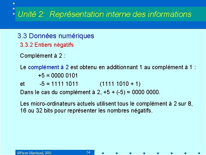 Unité 2: Représentation interne des informations 3. 3 Données numériques 3. 3. 2 Entiers