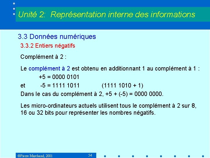 Unité 2: Représentation interne des informations 3. 3 Données numériques 3. 3. 2 Entiers Unité 2: Représentation interne des informations 3. 3 Données numériques 3. 3. 2 Entiers
