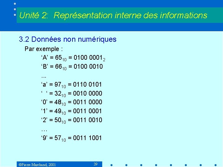 Unité 2: Représentation interne des informations 3. 2 Données non numériques Par exemple : Unité 2: Représentation interne des informations 3. 2 Données non numériques Par exemple :