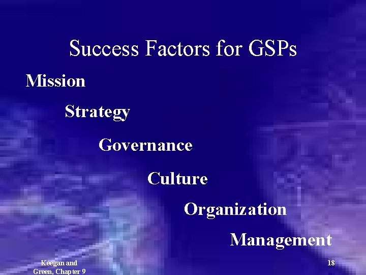 Success Factors for GSPs Mission Strategy Governance Culture Organization Management Keegan and Green, Chapter