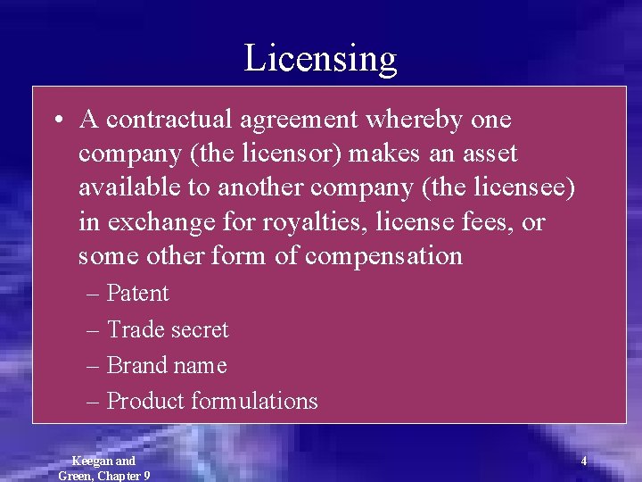 Licensing • A contractual agreement whereby one company (the licensor) makes an asset available