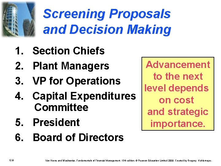 Screening Proposals and Decision Making 1. 2. 3. 4. Section Chiefs Advancement Plant Managers