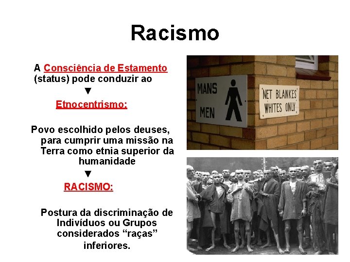 Racismo A Consciência de Estamento (status) pode conduzir ao ▼ Etnocentrismo: Povo escolhido pelos