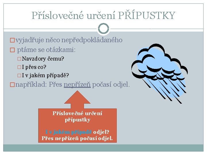 Příslovečné určení PŘÍPUSTKY � vyjadřuje něco nepředpokládaného � ptáme se otázkami: �Navzdory čemu? �I