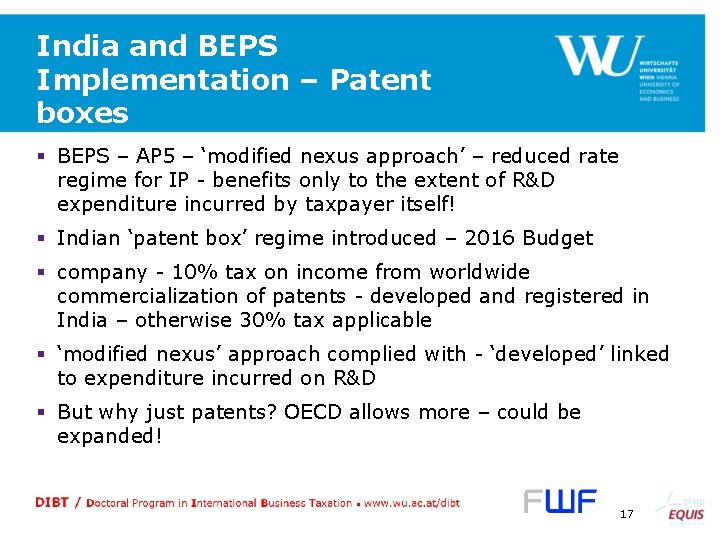 India and BEPS Implementation – Patent boxes § BEPS – AP 5 – ‘modified