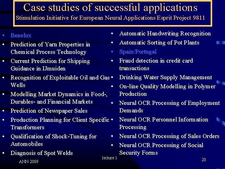 Case studies of successful applications Stimulation Initiative for European Neural Applications Esprit Project 9811