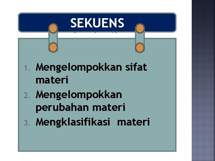 SEKUENS 1. 2. 3. Mengelompokkan sifat materi Mengelompokkan perubahan materi Mengklasifikasi materi 