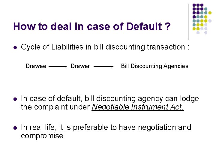 How to deal in case of Default ? l Cycle of Liabilities in bill