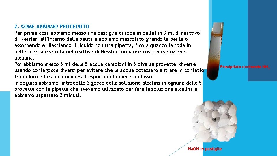 2. COME ABBIAMO PROCEDUTO Per prima cosa abbiamo messo una pastiglia di soda in