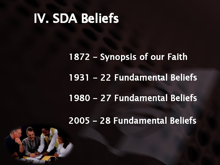 IV. SDA Beliefs 1872 - Synopsis of our Faith 1931 - 22 Fundamental Beliefs