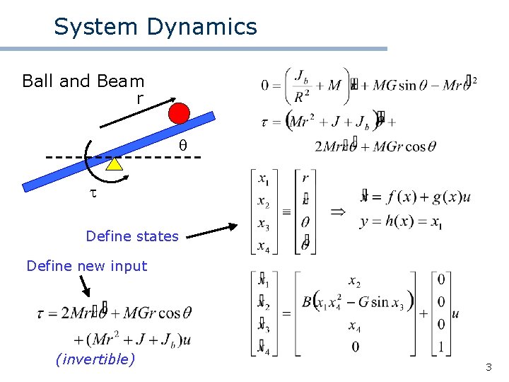 System Dynamics Ball and Beam r Define states Define new input (invertible) 3 