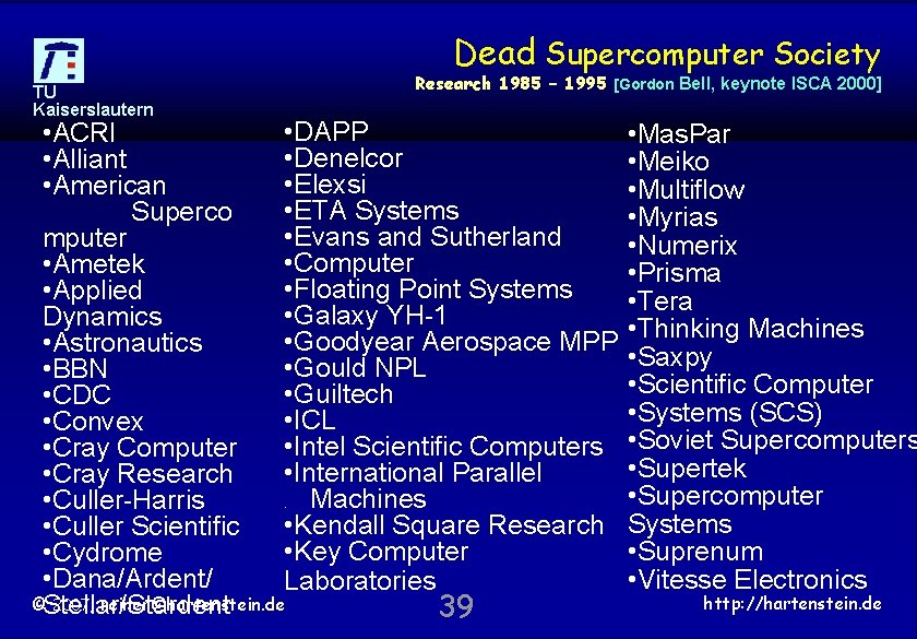 Dead Supercomputer Society TU Kaiserslautern Research 1985 – 1995 [Gordon Bell, keynote ISCA 2000]