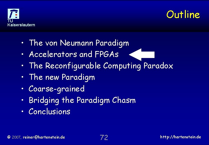 Outline TU Kaiserslautern • • The von Neumann Paradigm Accelerators and FPGAs The Reconfigurable