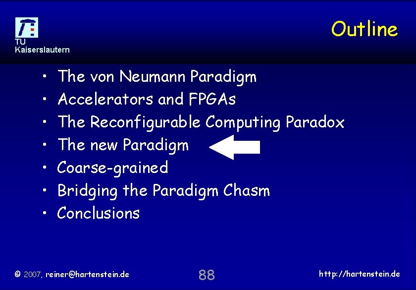 Outline TU Kaiserslautern • • The von Neumann Paradigm Accelerators and FPGAs The Reconfigurable