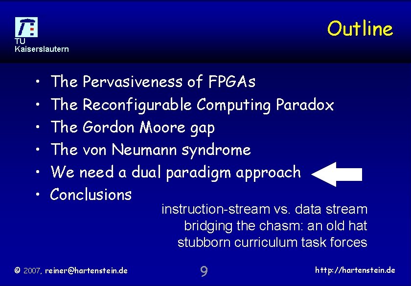 Outline TU Kaiserslautern • • • The Pervasiveness of FPGAs The Reconfigurable Computing Paradox