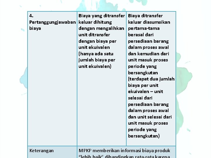 4. Biaya yang ditransfer Pertanggungjawaban keluar dihitung biaya dengan mengalihkan unit ditransfer dengan biaya