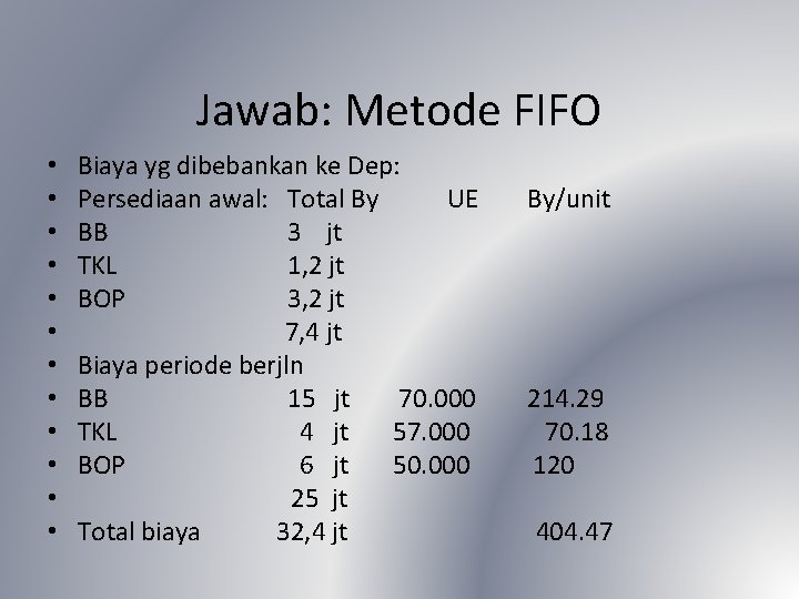 Jawab: Metode FIFO • • • Biaya yg dibebankan ke Dep: Persediaan awal: Total