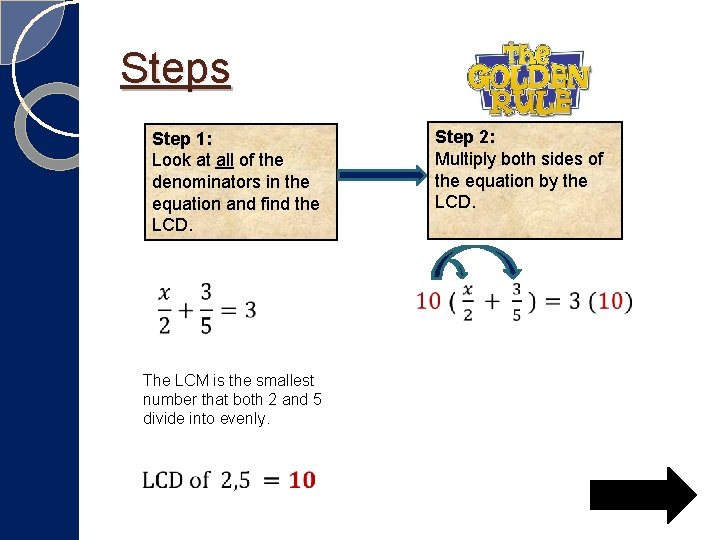 Steps Step 2: Multiply both sides of the equation by the LCD. Step 1: Steps Step 2: Multiply both sides of the equation by the LCD. Step 1: