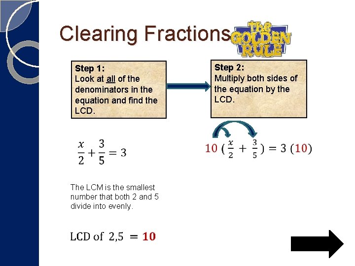 Clearing Fractions Step 2: Multiply both sides of the equation by the LCD. Step Clearing Fractions Step 2: Multiply both sides of the equation by the LCD. Step