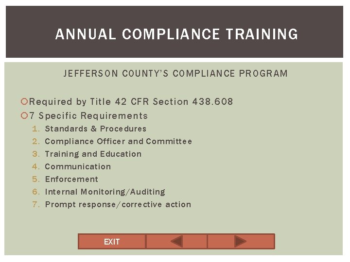 ANNUAL COMPLIANCE TRAINING JEFFERSON COUNTY’S COMPLIANCE PROGRAM Required by Title 42 CFR Section 438.