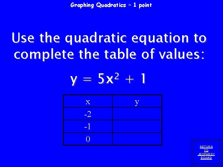 Graphing Quadratics – 1 point Use the quadratic equation to complete the table of