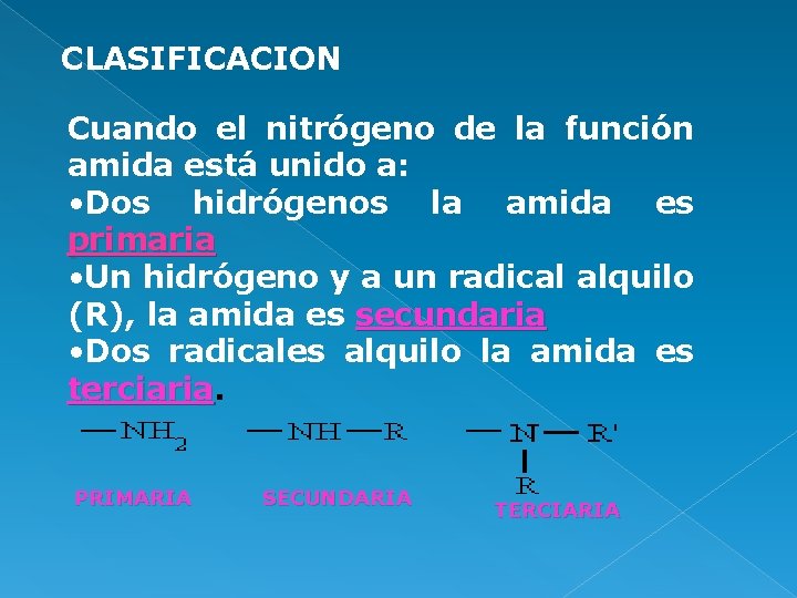 CLASIFICACION Cuando el nitrógeno de la función amida está unido a: • Dos hidrógenos