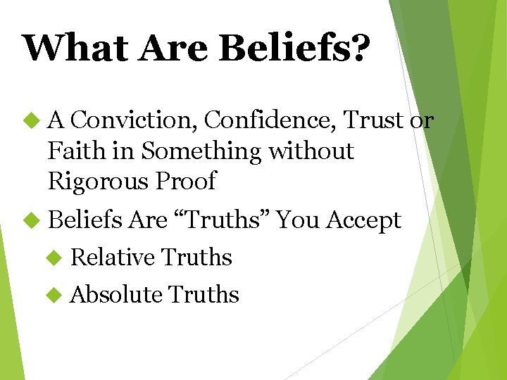 What Are Beliefs? A Conviction, Confidence, Trust or Faith in Something without Rigorous Proof