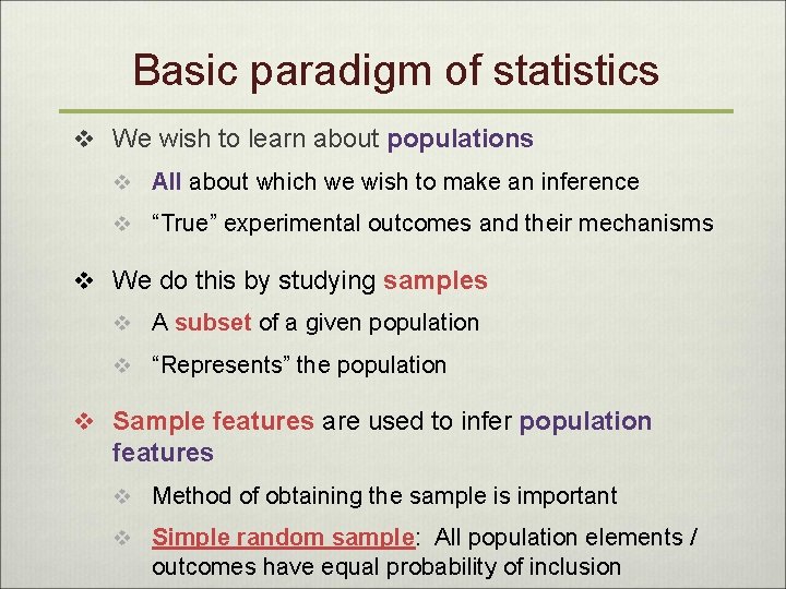 Basic paradigm of statistics v We wish to learn about populations v All about